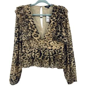Express Women Size Large Leopard Print Ruffle Peplum Blouse Brown Long Sleeve